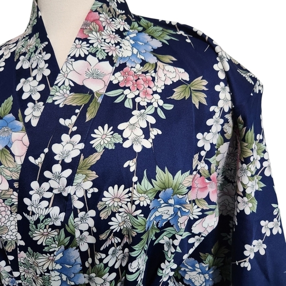 WOMEN'S YUKATA ROBE JAPANESE SUMMER KIMONO CHERRY BLOSSOM NAVY OS - Picture 6 of 13
